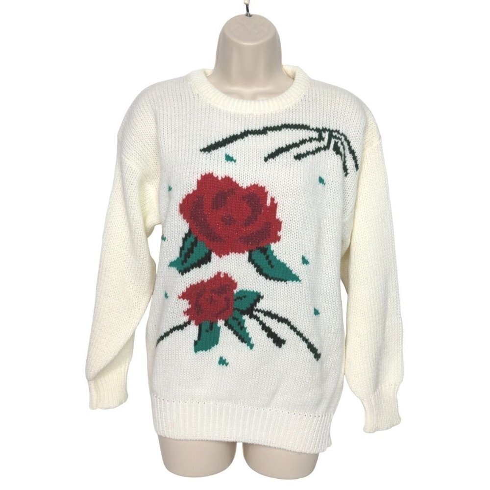 Bramble Lane Women's Pullover Sweater Embroidered Red Rose Small
